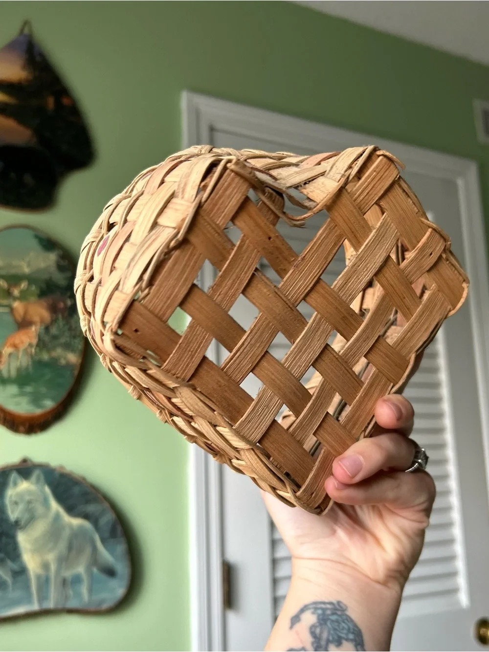 Vintage Handmade Heart Shaped Basked with Handle